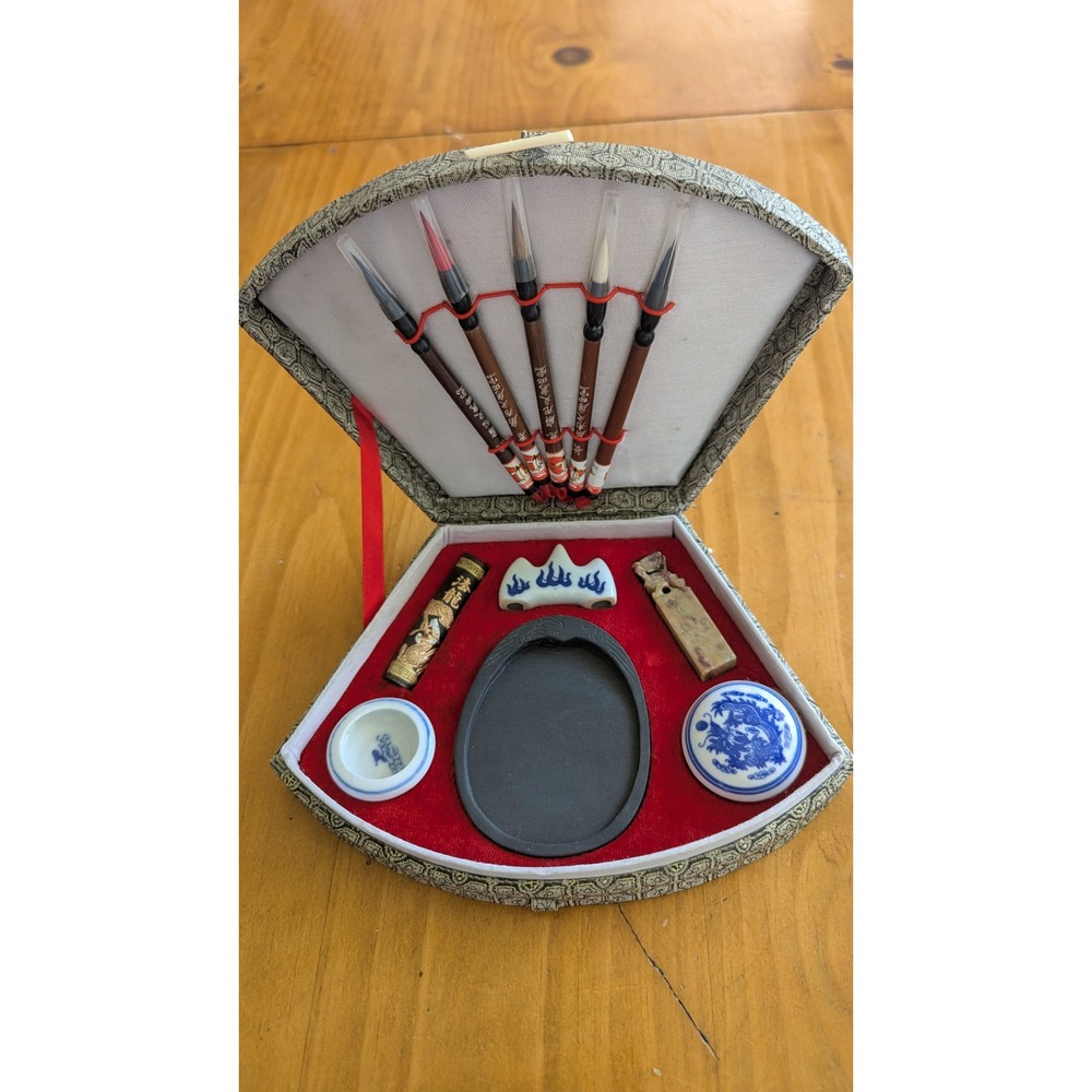 Vintage Sumi-E Calligraphy Set 5 Brushes Ink Stone Seal Fan Shaped Silk Box Case